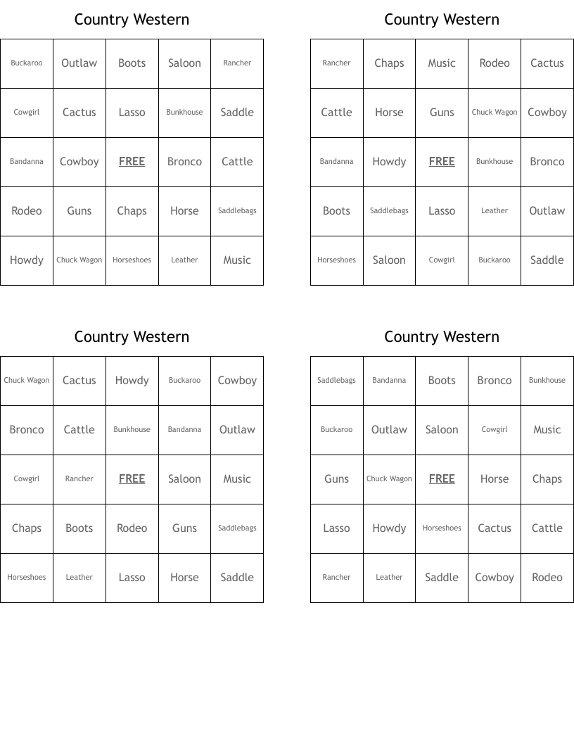 Country Western Bingo Cards