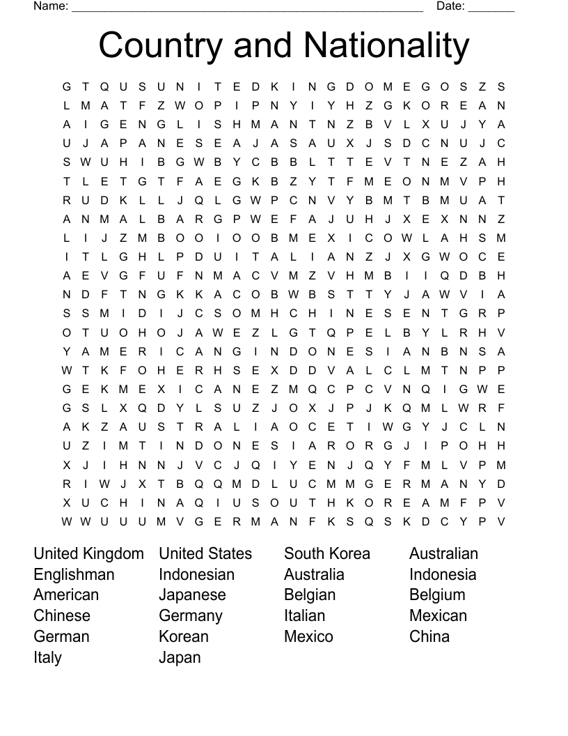 Country and Nationality Word Search