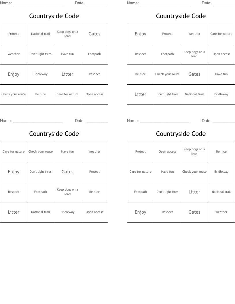 Countryside Code Bingo Cards
