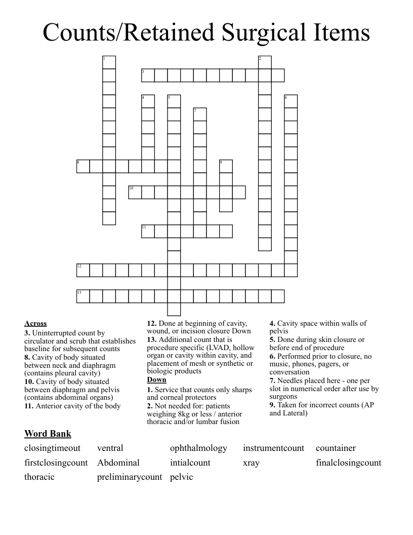Counts/Retained Surgical Items Crossword