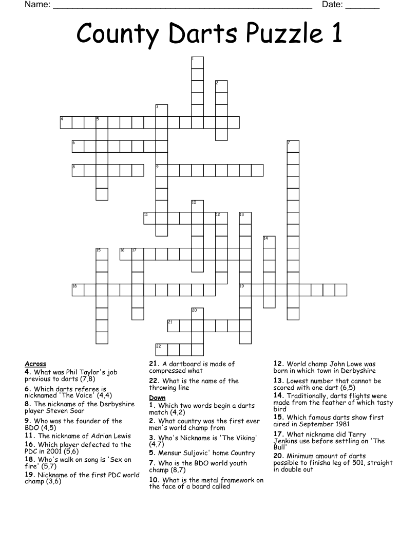 County Darts Puzzle 1 Crossword