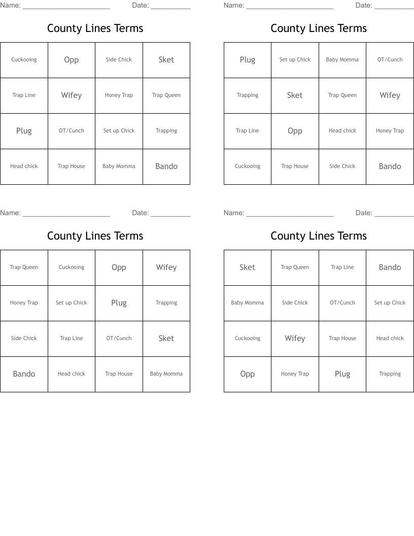 County Lines Terms Bingo Cards