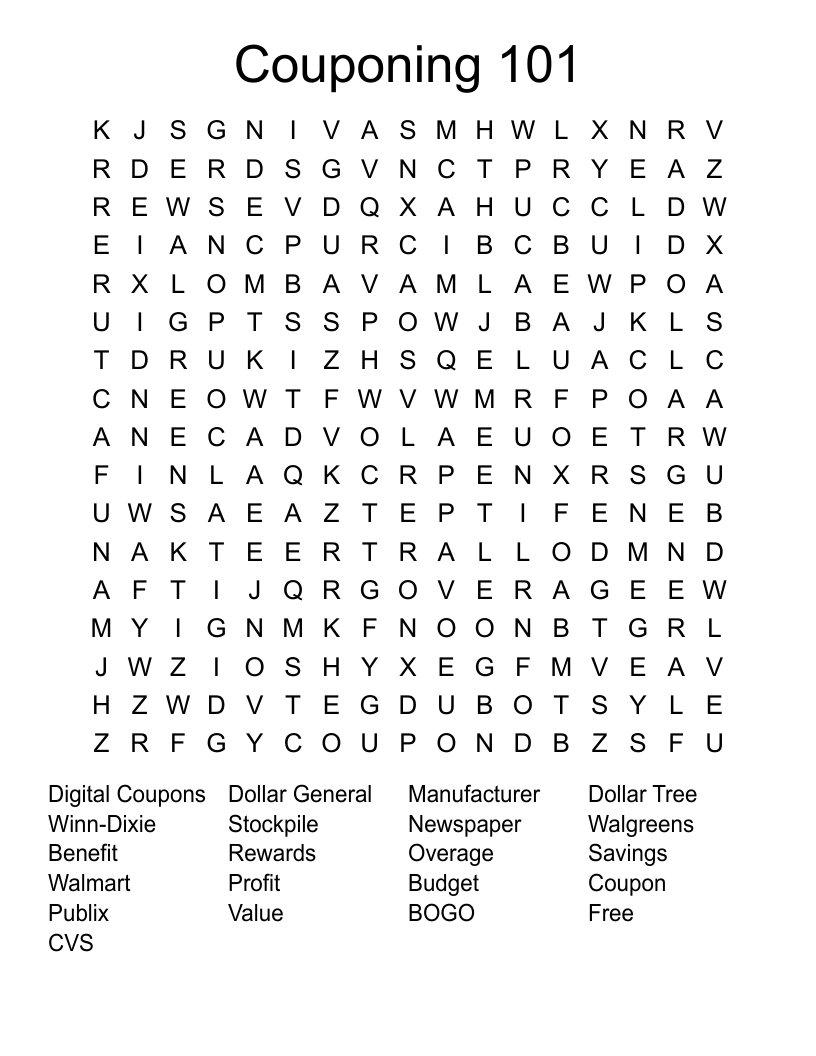 Couponing 101 Word Search