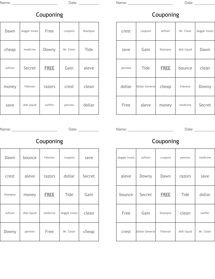 Couponing Bingo Cards