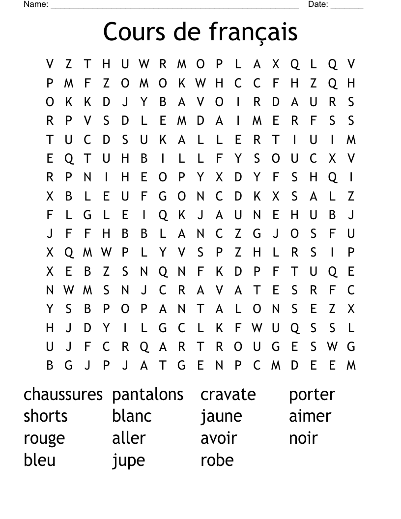 Cours de français Word Search