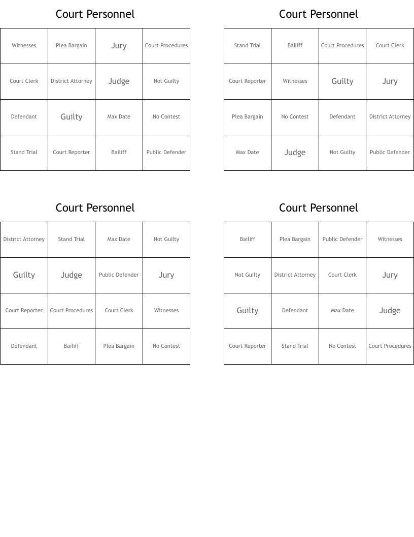 Court Personnel  Bingo Cards