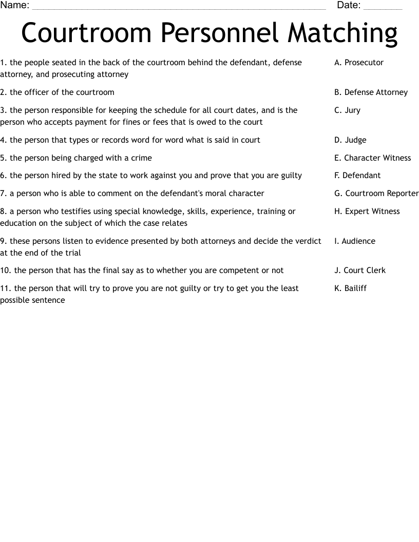 Courtroom Personnel Matching Worksheet