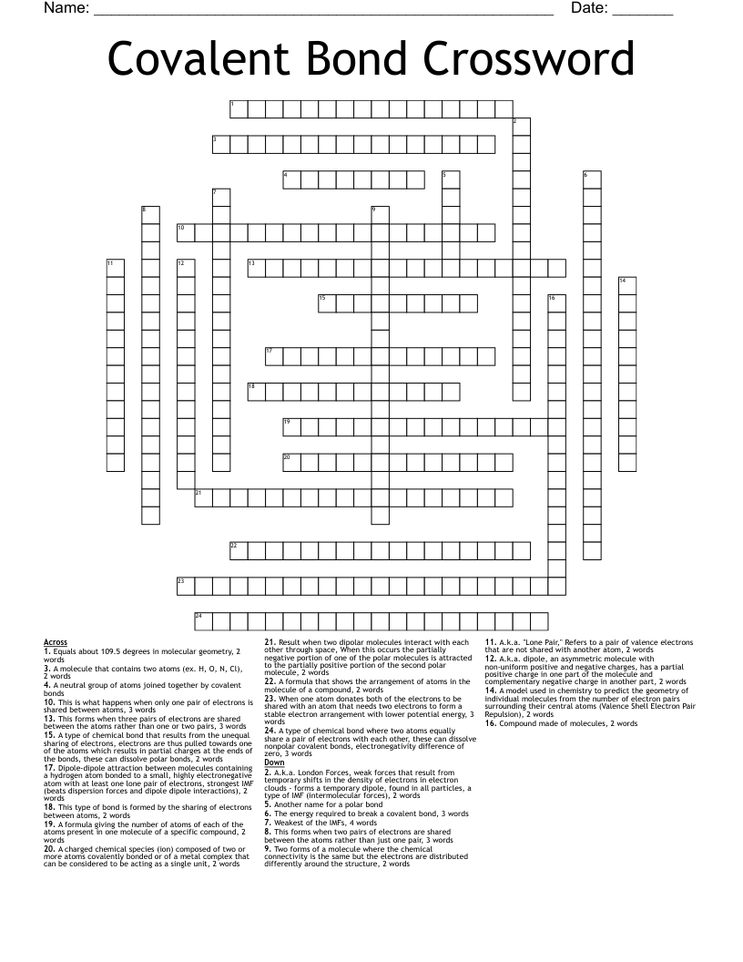 Covalent Bond Crossword