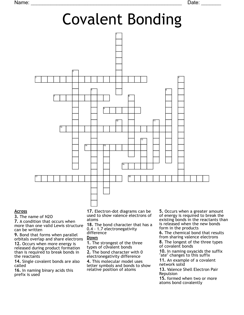 Covalent Bonding Crossword