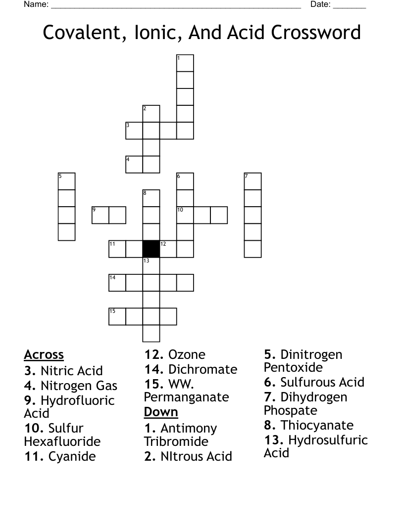 Covalent, Ionic, And Acid Crossword