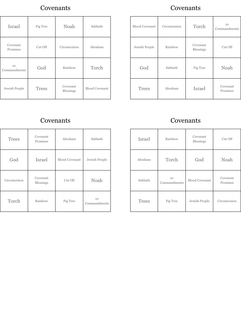 Covenants Bingo Cards