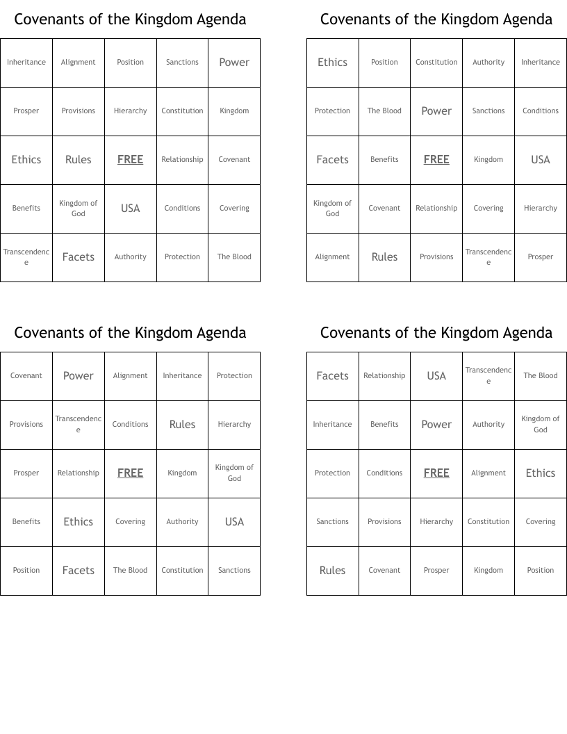 Covenants of the Kingdom Agenda Bingo Cards