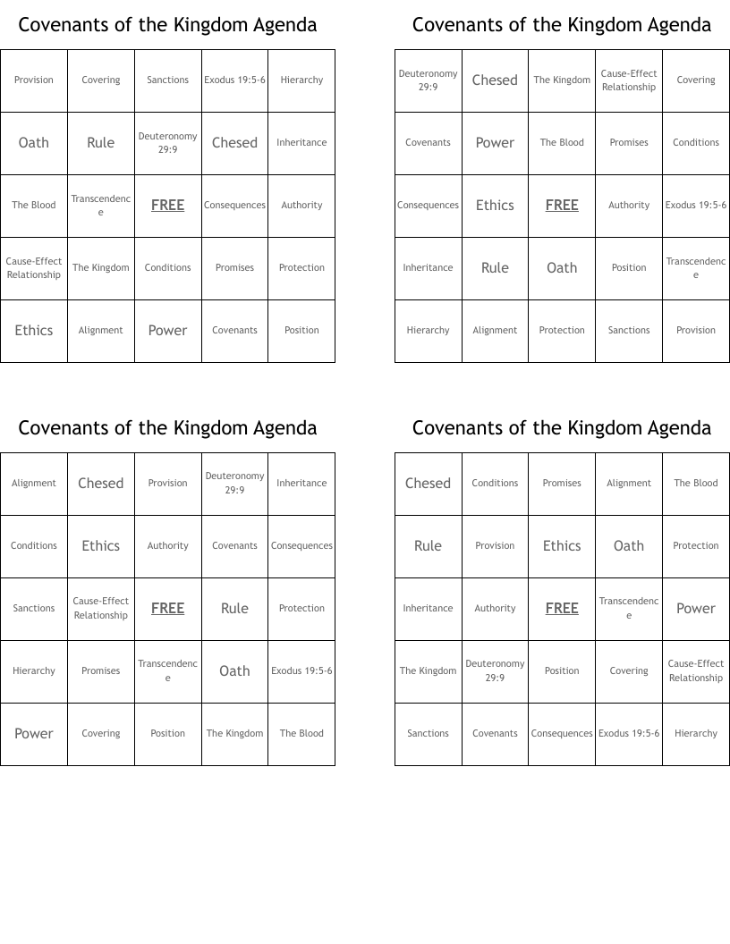 Covenants of the Kingdom Agenda Bingo Cards