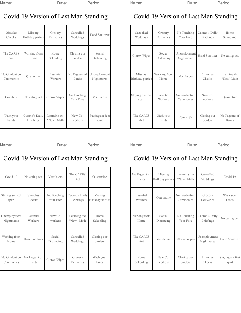 Covid-19 Version of Last Man  Standing  Bingo Cards