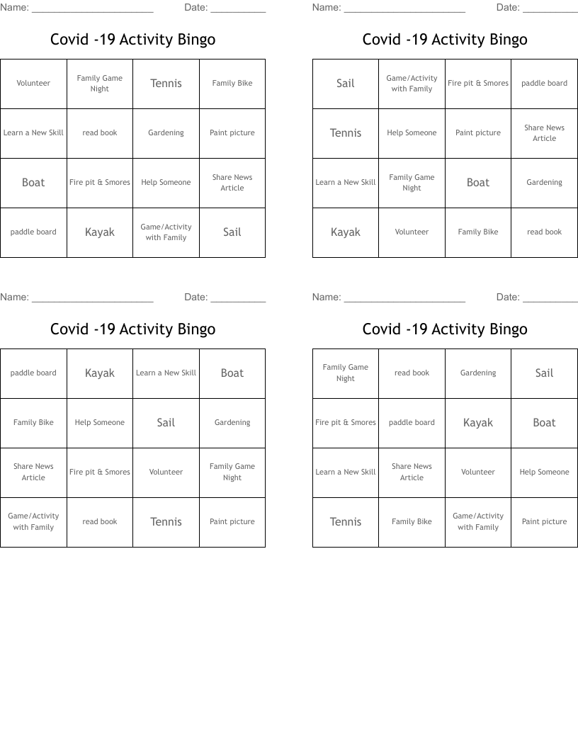 Covid -19 Activity Bingo