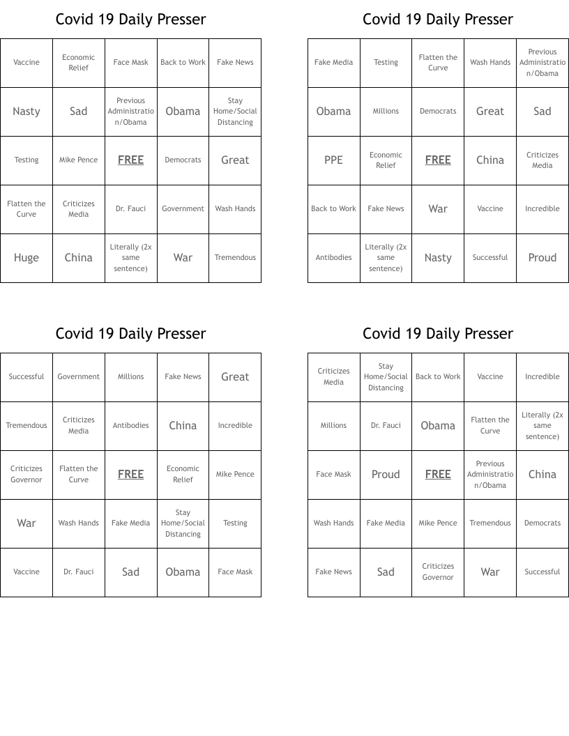 Covid 19 Daily Presser Bingo Cards