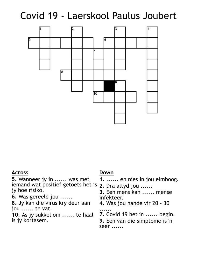 Covid 19 - Laerskool Paulus Joubert Crossword