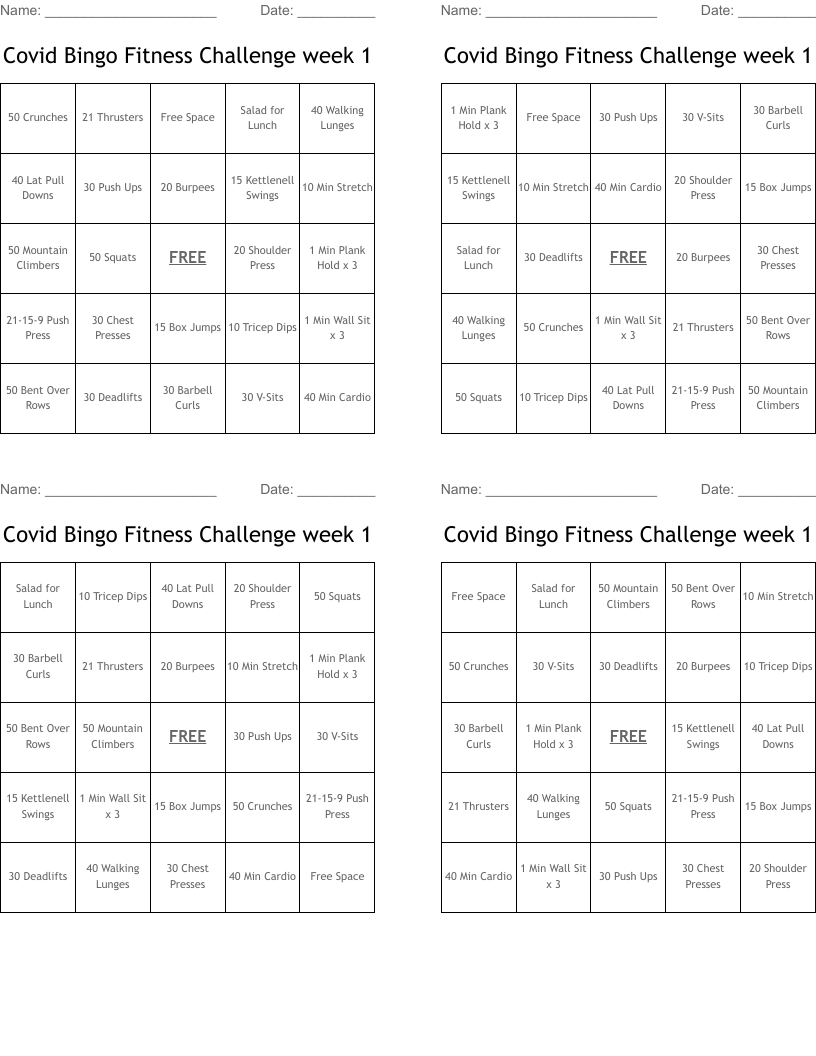 Covid Bingo Fitness Challenge week 1