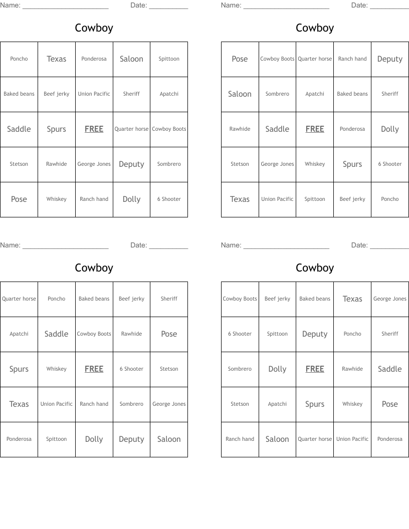 Cowboy Bingo Cards