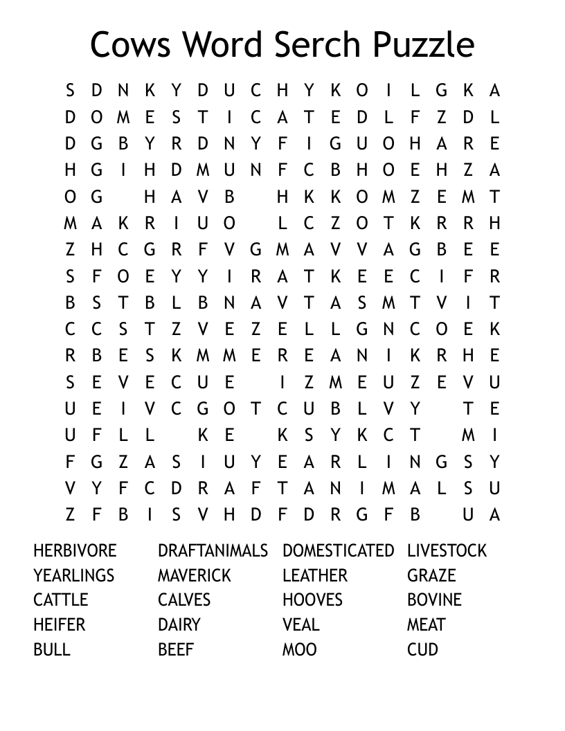 Cows Word Serch Puzzle Word Search