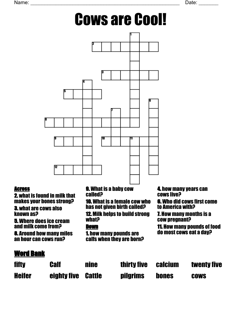 Cows are Cool! Crossword