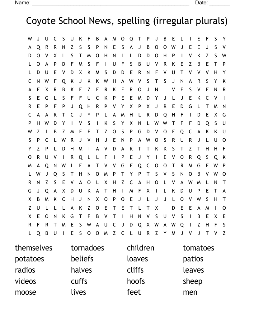 Coyote School News, spelling (irregular plurals) Word Search