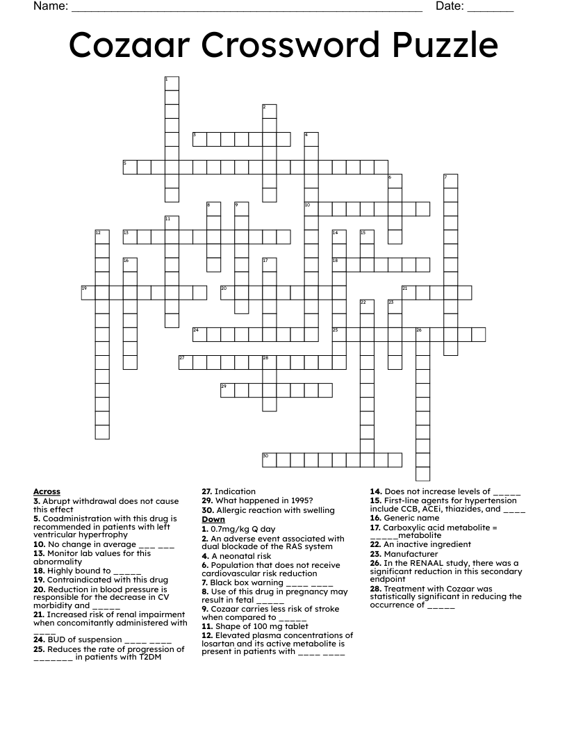 Cozaar Crossword Puzzle