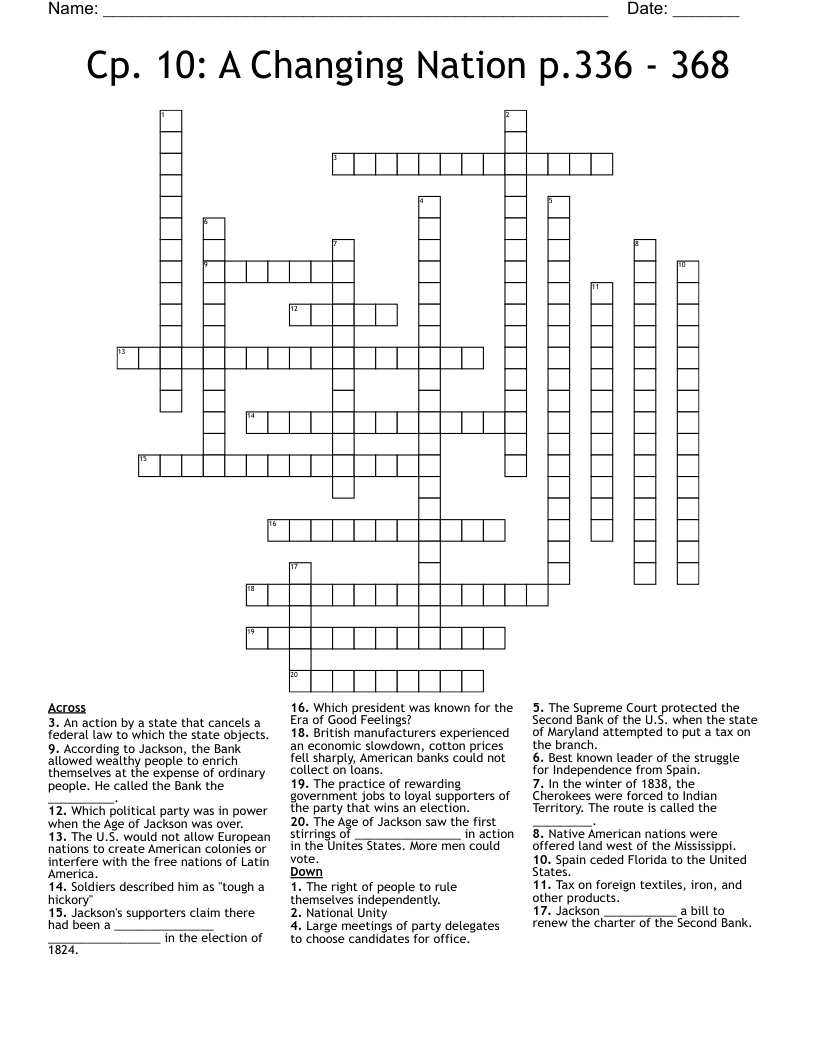 Cp. 10: A Changing Nation p.336 - 368 Crossword