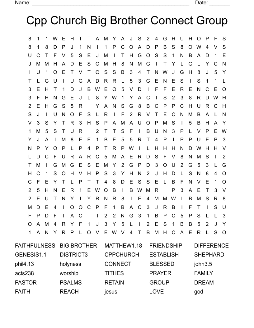 Cpp Church Big Brother Connect Group Word Search
