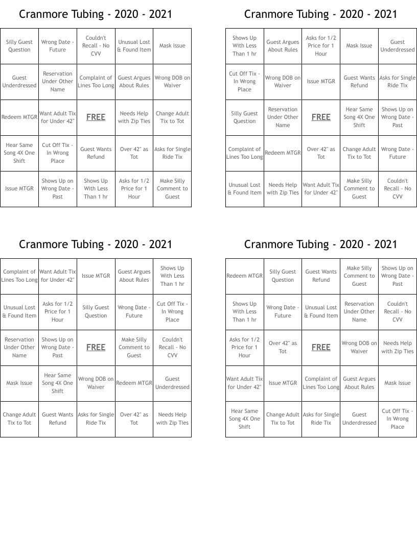 Cranmore Tubing - 2020 - 2021 Bingo Cards
