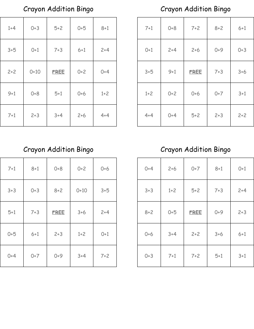 Crayon Addition Bingo