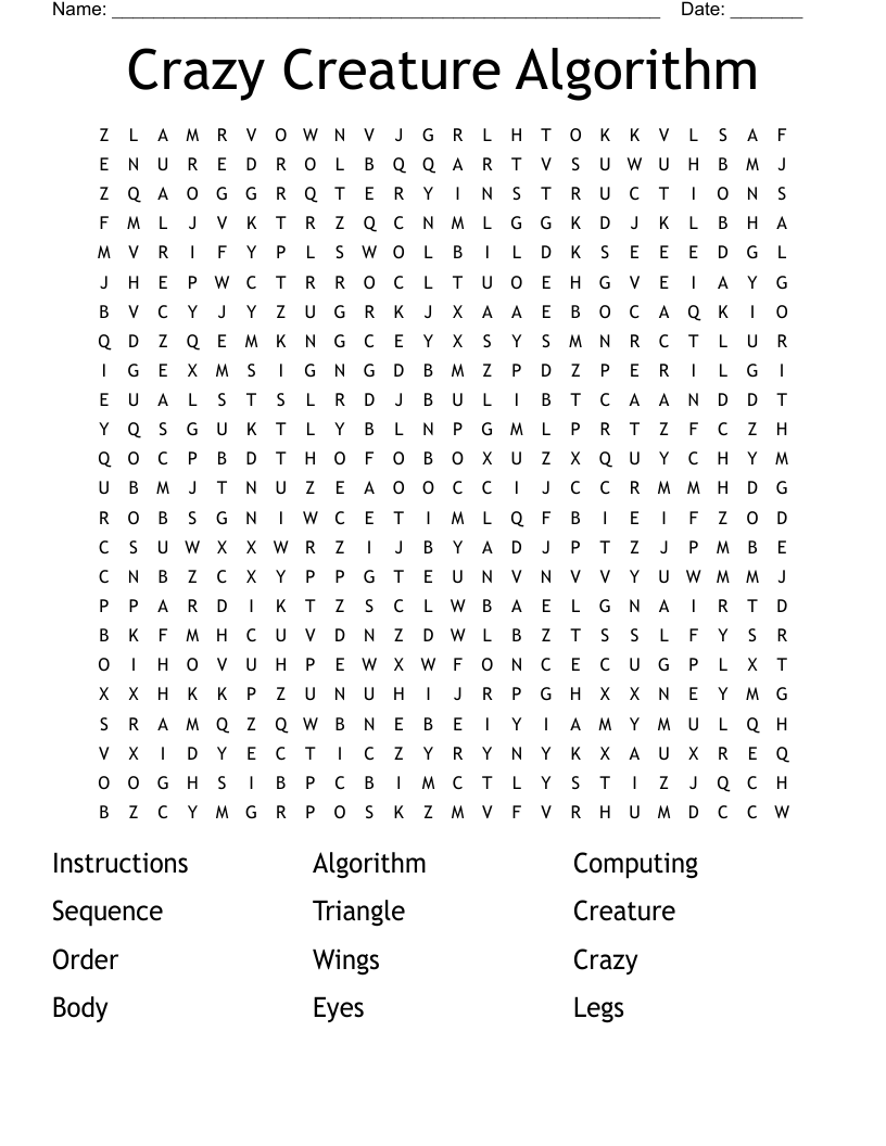 Crazy Creature Algorithm Word Search