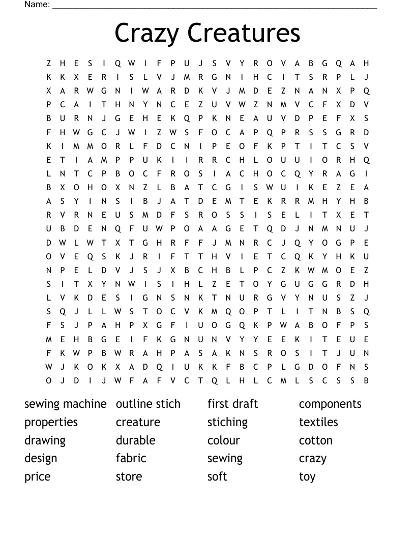 Crazy Creatures Word Search