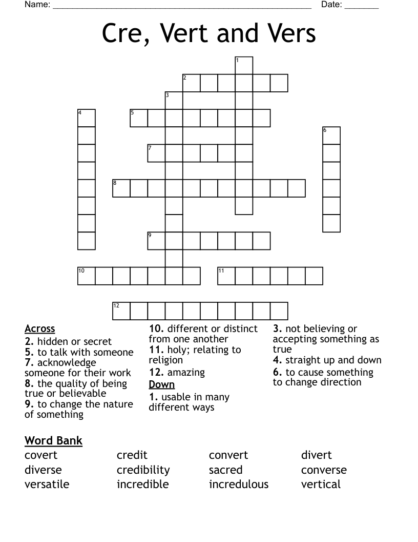 Cre, Vert and Vers Crossword