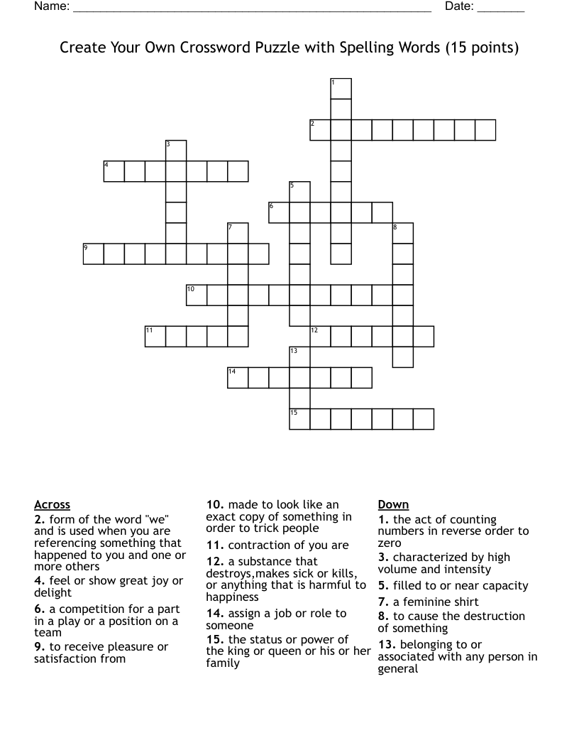 Create Your Own Crossword Puzzle with Spelling Words (15 points)