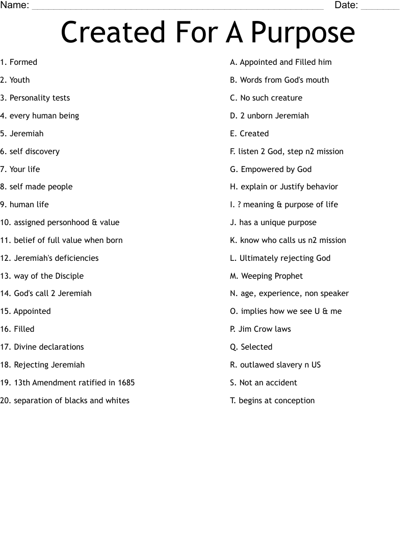 Created For A Purpose Worksheet