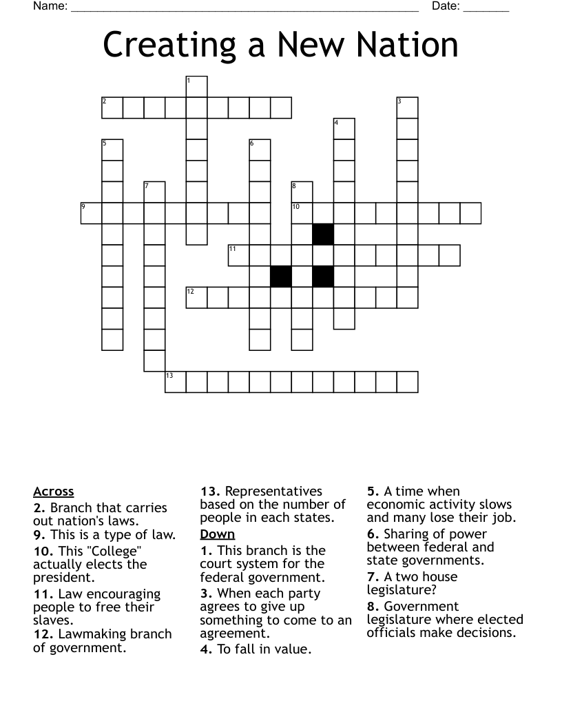 Creating a New Nation Crossword