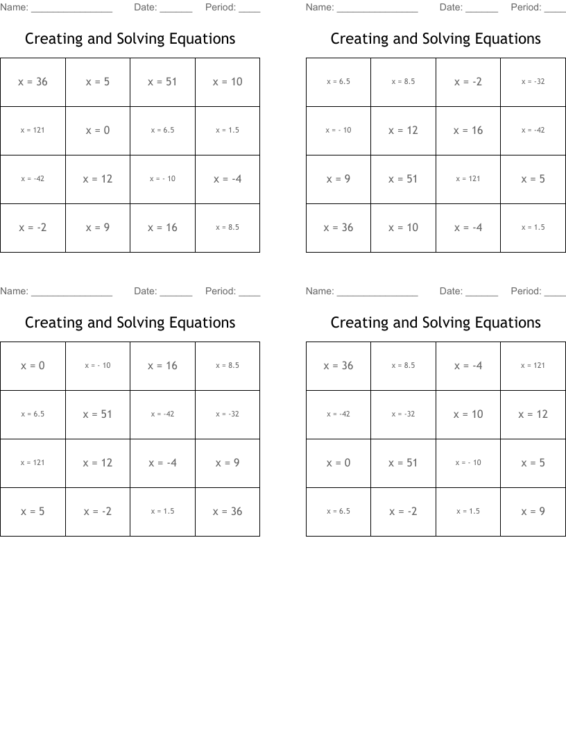 Creating and Solving Equations Bingo Cards