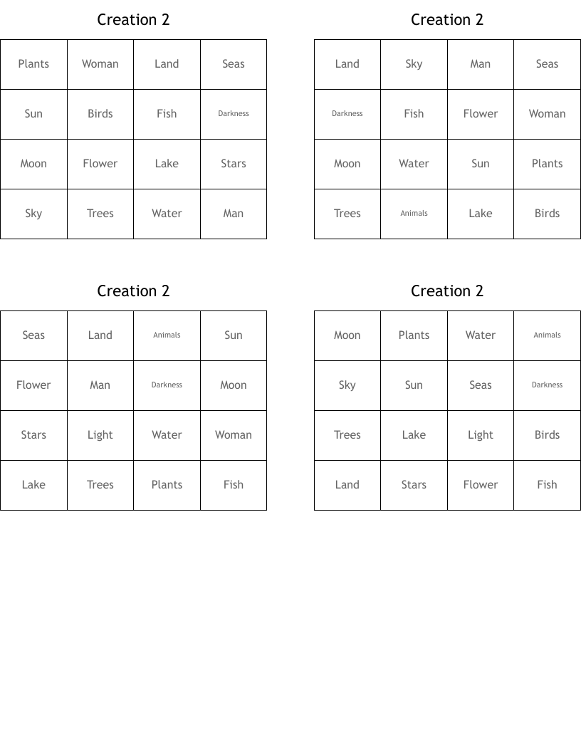 Creation 2 Bingo Cards