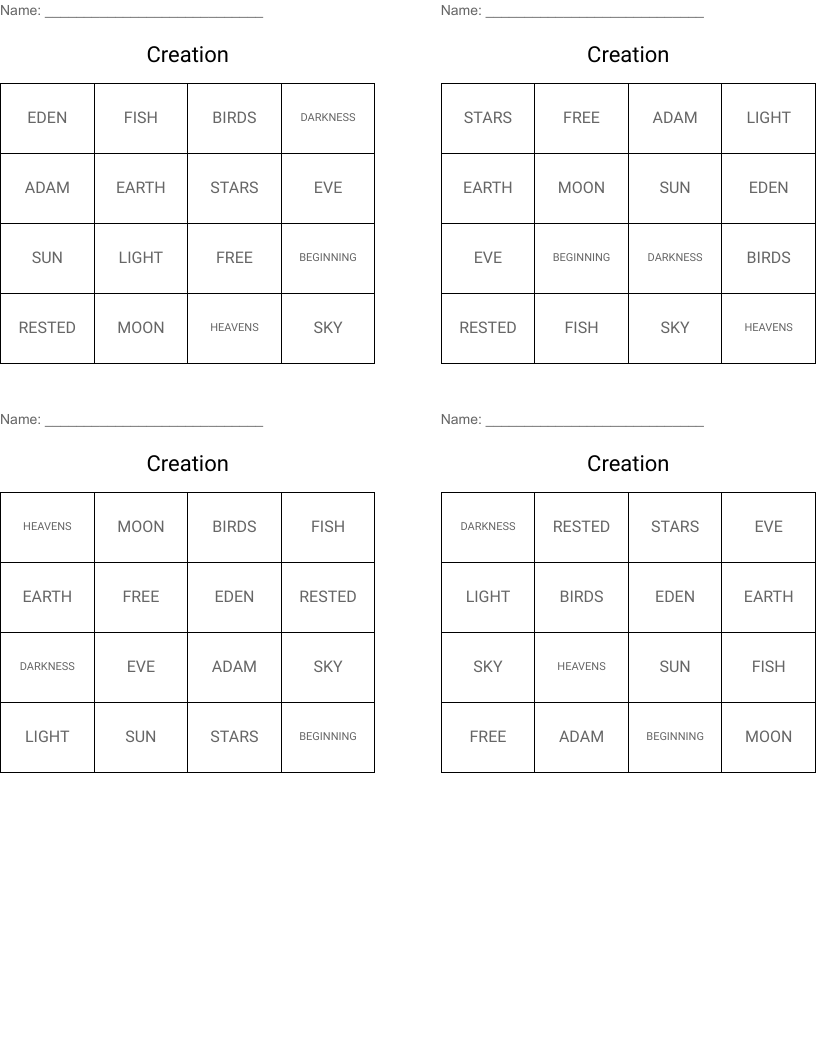 Creation Bingo Cards