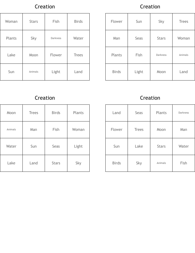 Creation Bingo Cards