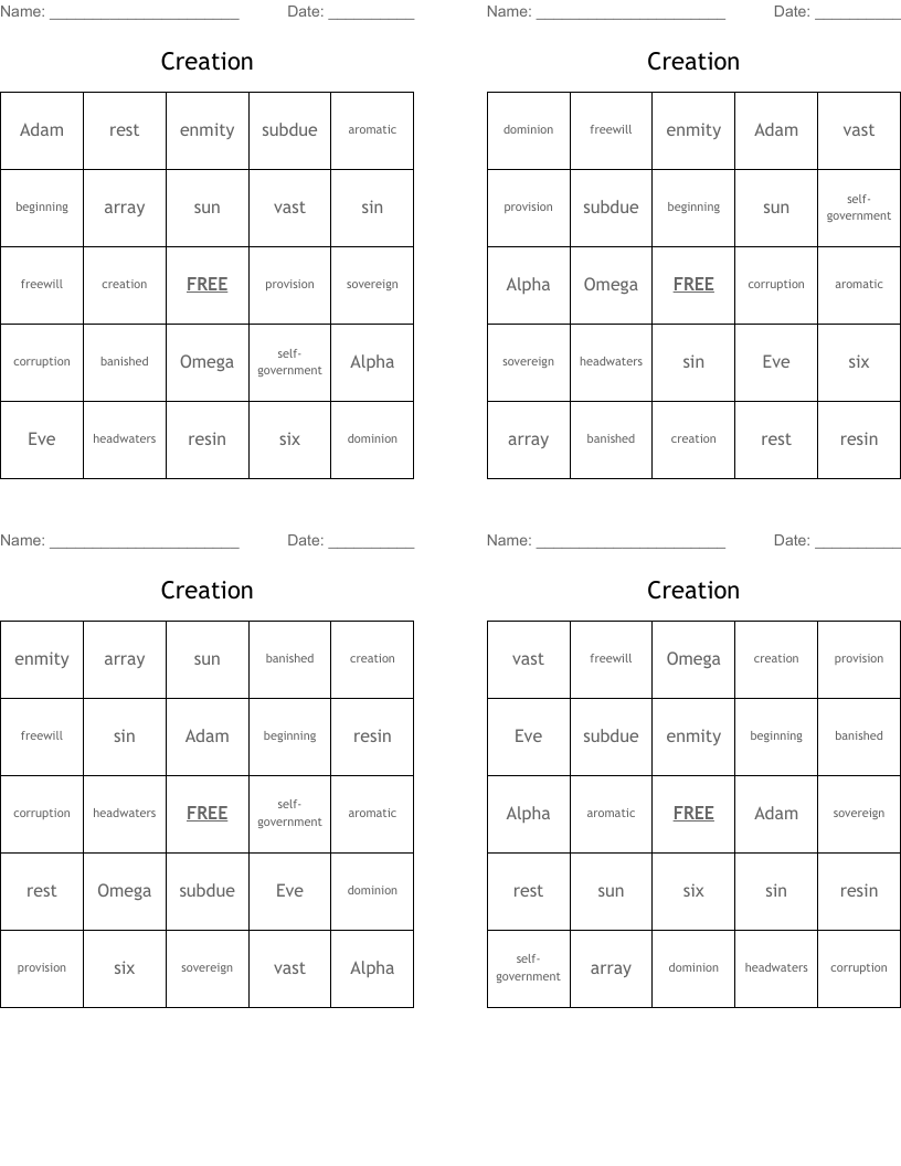Creation Bingo Cards