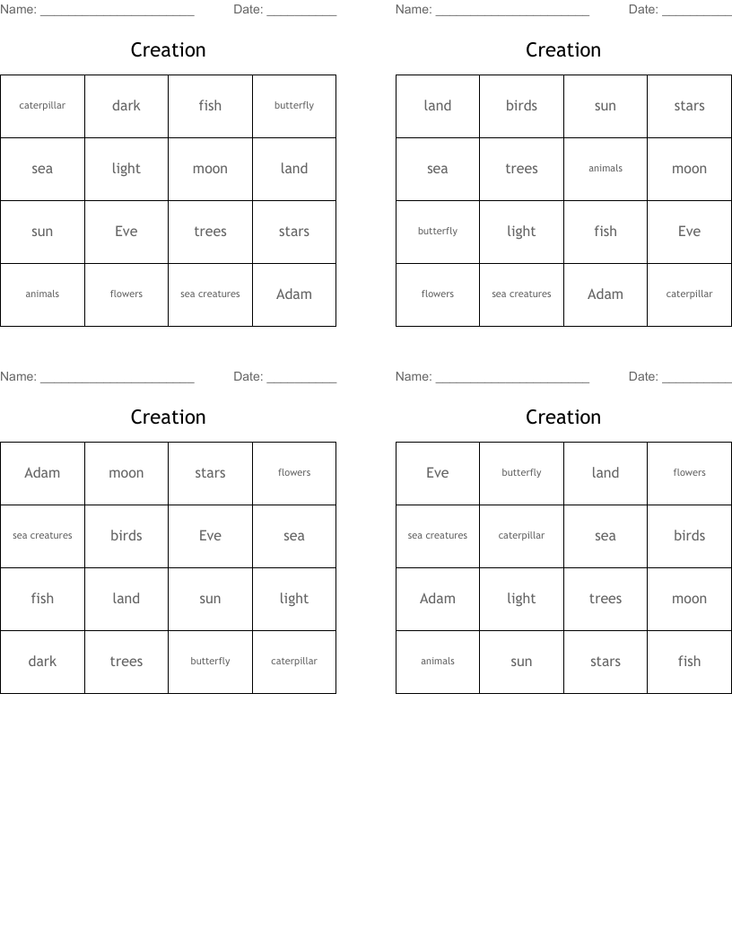 Creation Bingo Cards