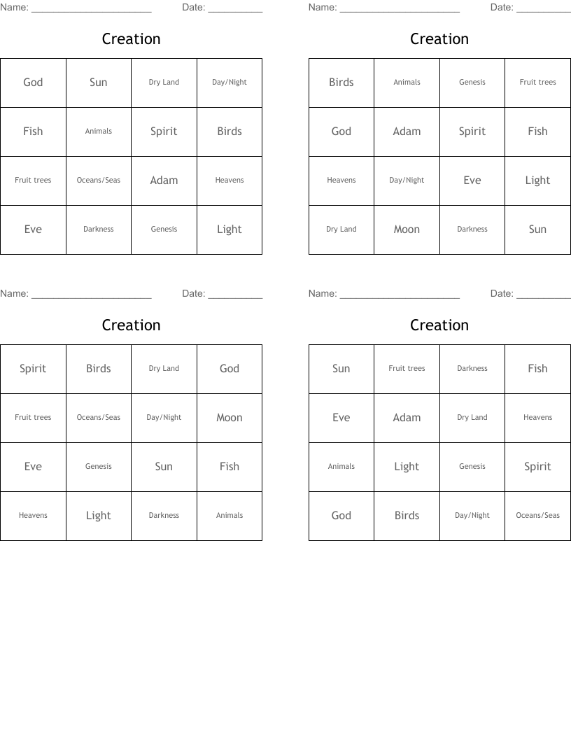 Creation Bingo Cards