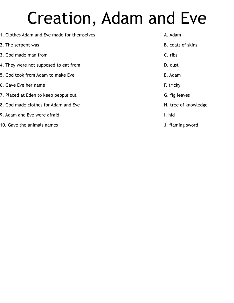 Creation, Adam and Eve Worksheet