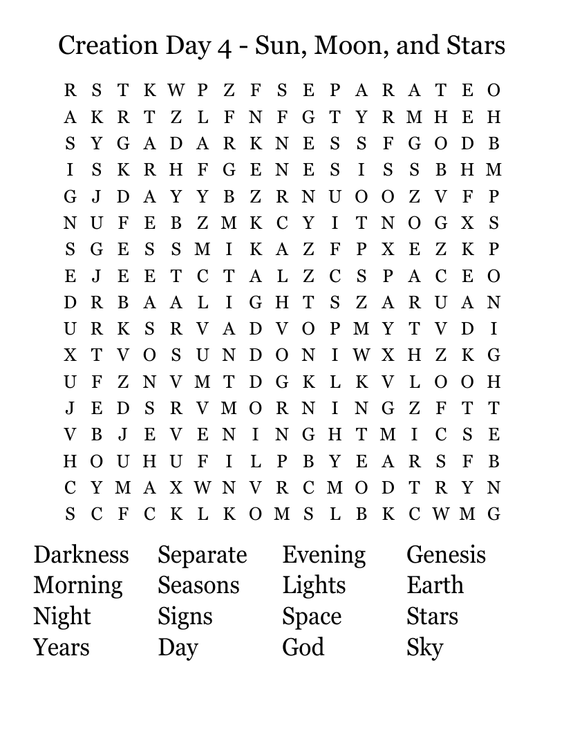 Creation Day 4 - Sun, Moon, and Stars Word Search