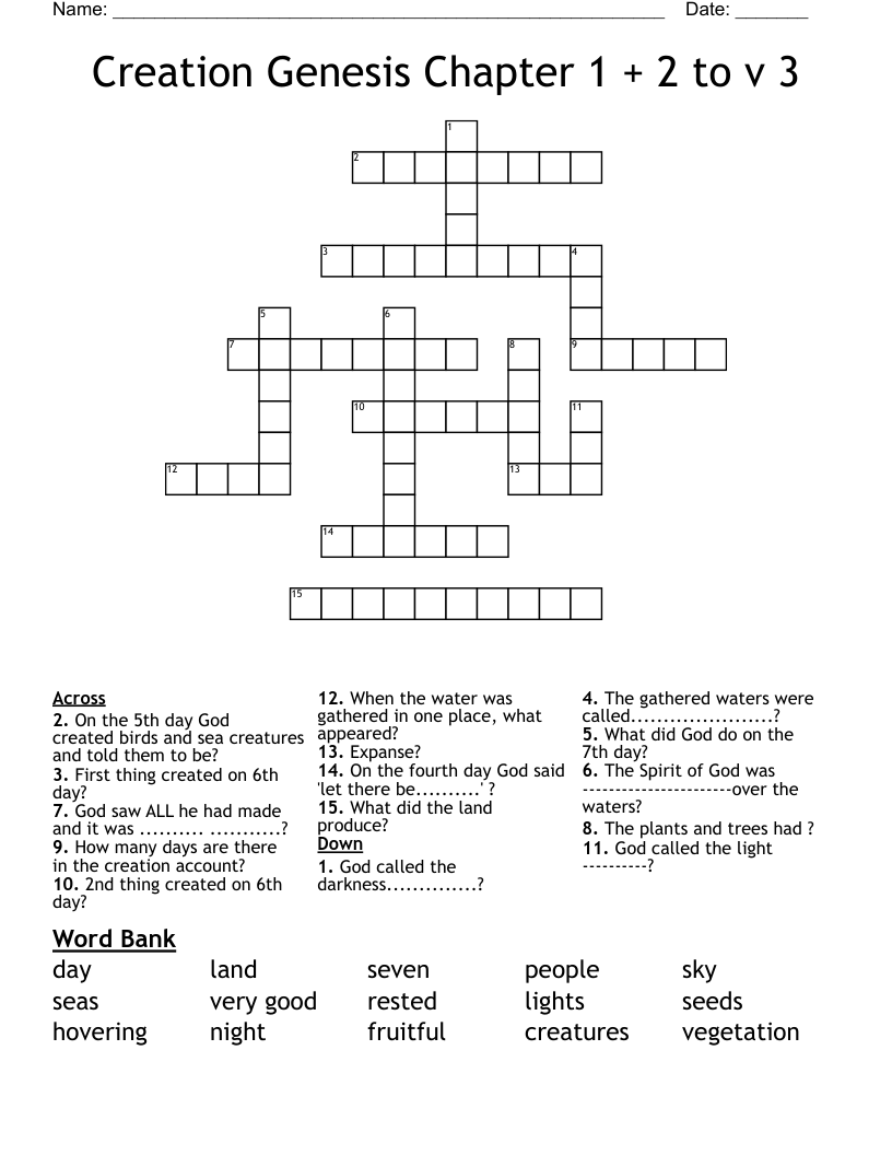 Creation Genesis Chapter 1 + 2 to v 3 Crossword