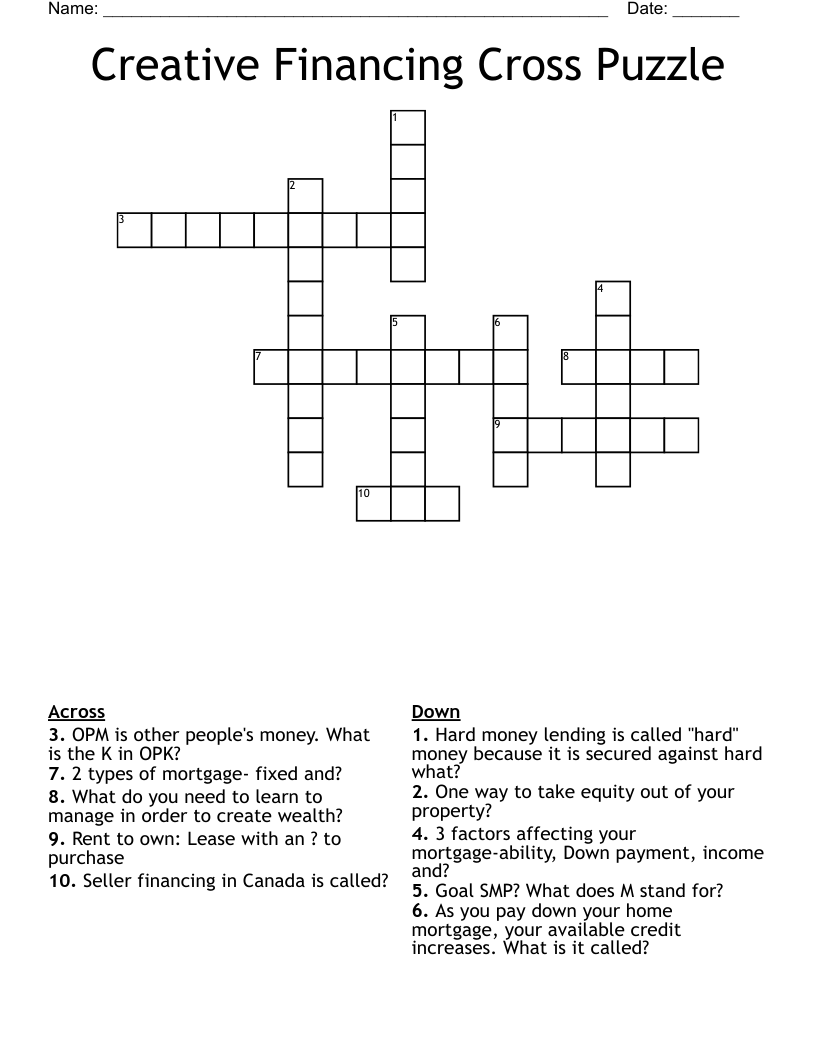 Creative Financing Cross Puzzle  Crossword