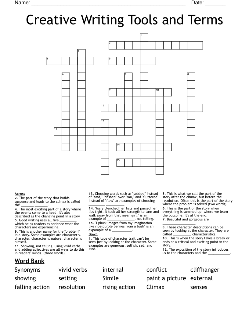 Creative Writing Tools and Terms Crossword