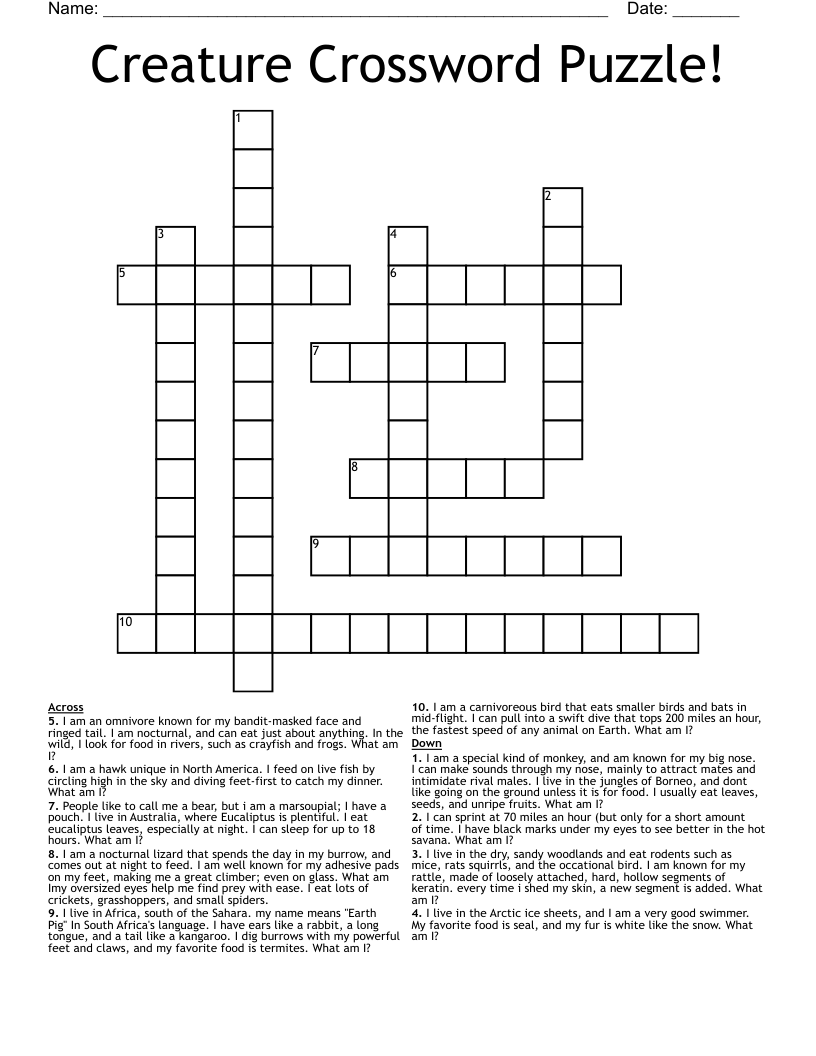 Creature Crossword Puzzle!